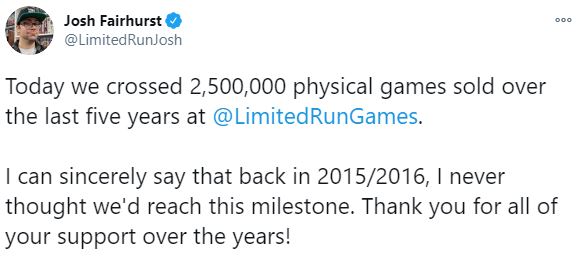 独立游戏发行商Limited Run达成250万实体游戏销量