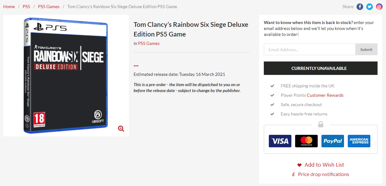 零售商店页面现《彩虹六号：围攻》PS5实体豪华版