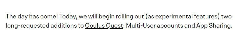Oculus Quest将支持多账户登陆以及应用共享功能