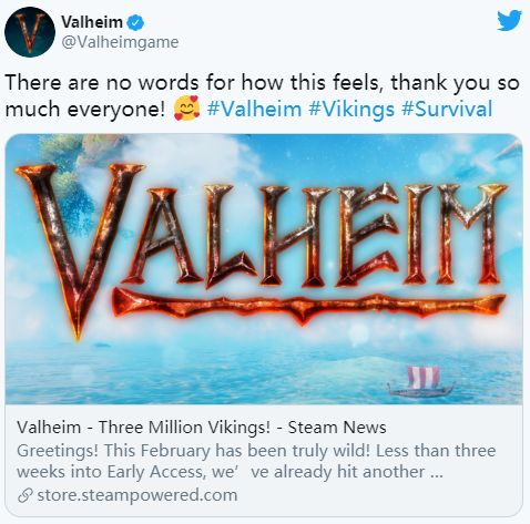很火爆 开放世界生存游戏《Valheim》售出300万份